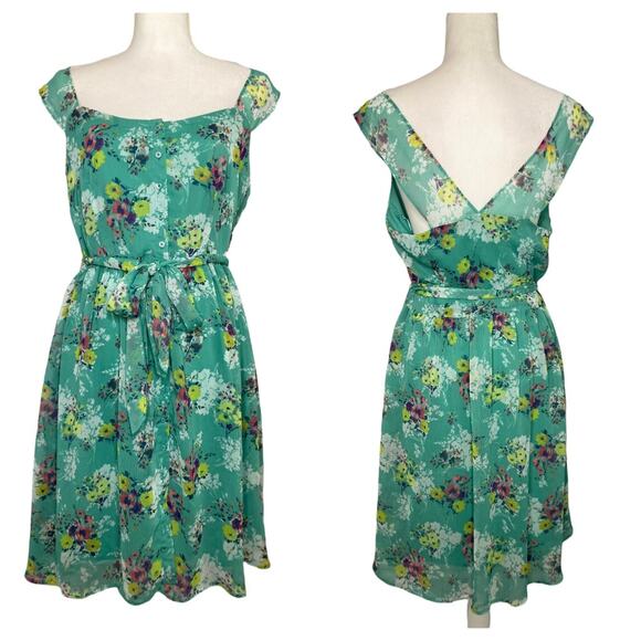 Lauren Conrad Paola Posey Green Floral Chiffon Spring/Summer Dress Size 14 - Picture 2 of 12
